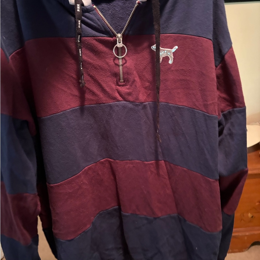 PINK Victoria's Secret Navy and Burgundy Striped Hoodie